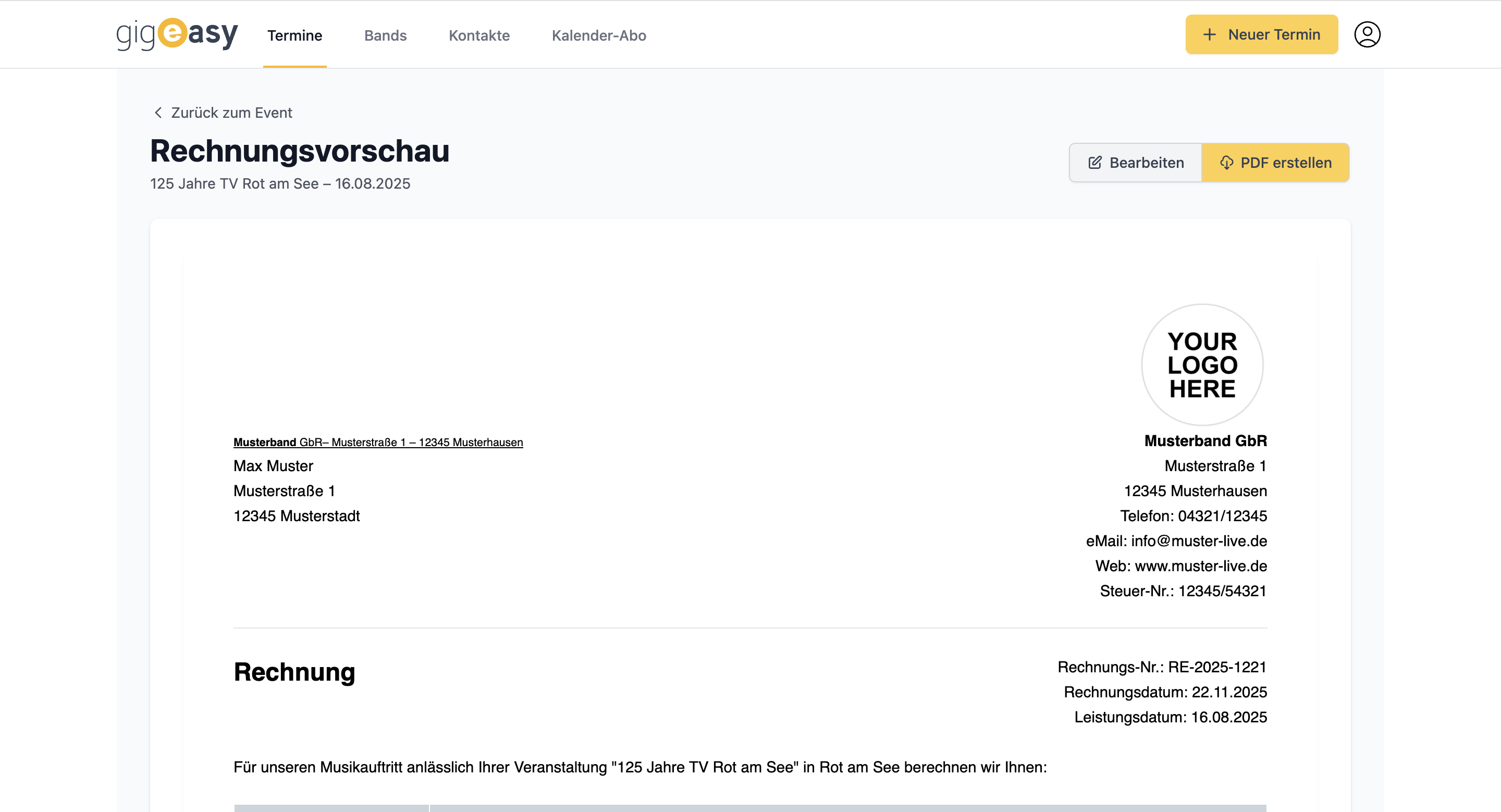 Screenshot: gigeasy Vertrag- und Rechnungs-Generierung